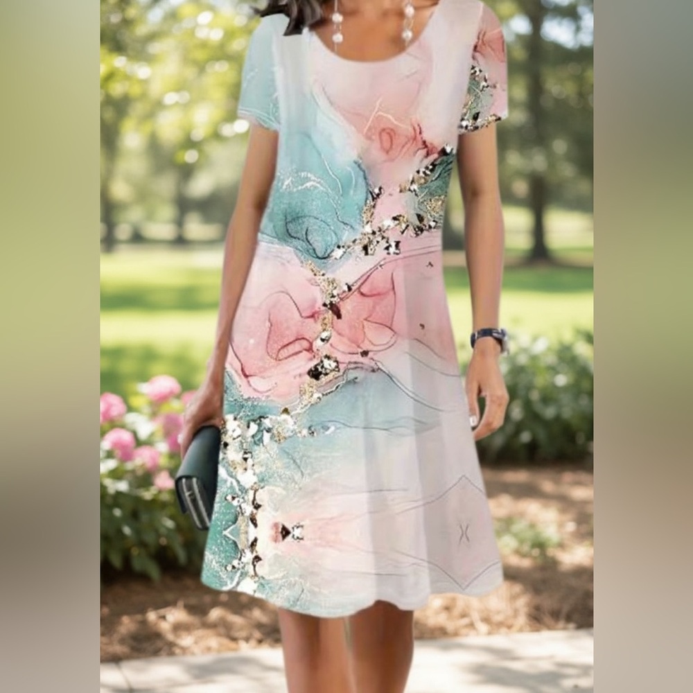 Summer Women Fashion Casual Graphic Printed Round Neck Short Sleeve Dress - Picture 3 of 4